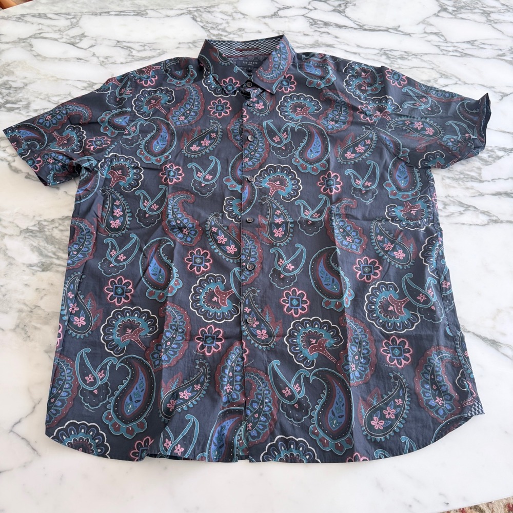 Ted Baker London Mens Paisley‎ Short Sleeve Button Down Shirt Navy Pink Size 7